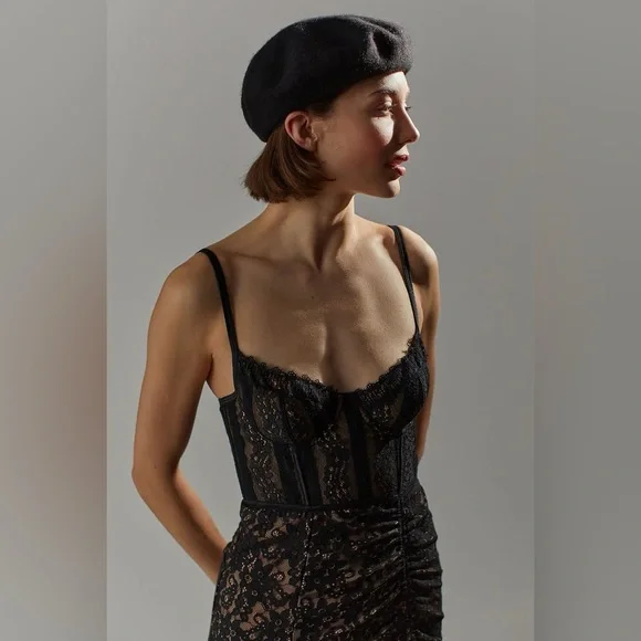 URBAN OUTFITTERS Angelica Corset Midi Dress Black Lace Front Slit Size Small - Picture 4 of 13